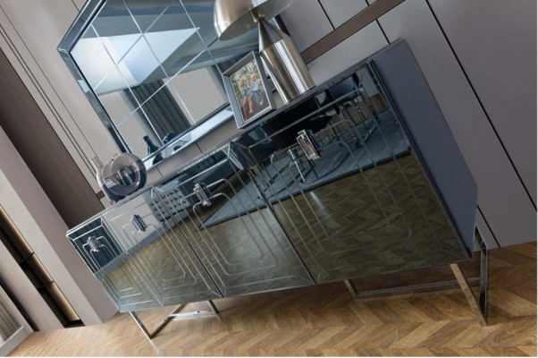 Grijze eetkamermeubels glazen spiegel ontwerper roestvrijstalen dressoir luxe set.