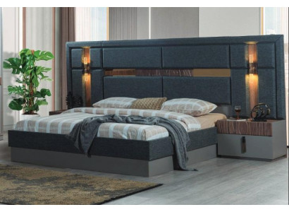 Donkergrijs tweepersoonsbed met houten designer nachtkastjes slaapkamerset.