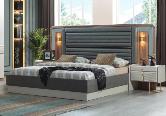 Grijze bedden Ontwerp Slaapkamer Tweepersoonsbed 2x houten nachtkastjes 3-delig.