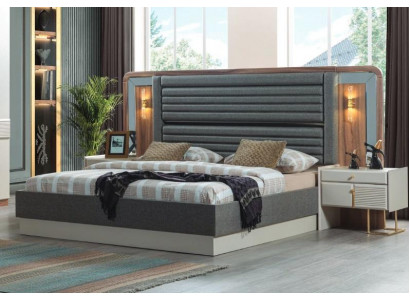 Grijze bedden Ontwerp Slaapkamer Tweepersoonsbed 2x houten nachtkastjes 3-delig.
