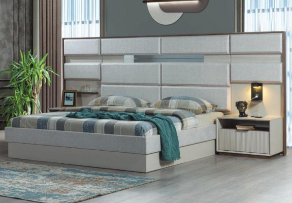 Witte slaapkamer meubels ontwerper tweepersoonsbed luxe 2x houten nachtkastjes