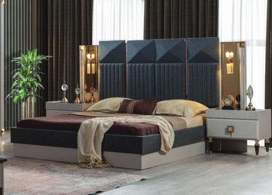 Moderne slaapkamer meubels ontwerper Grijs bed 2x houten nachtkastjes 3-delig