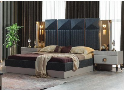Moderne slaapkamer meubels ontwerper Grijs bed 2x houten nachtkastjes 3-delig