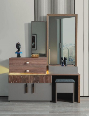 Bruin-grijze slaapkamermeubels luxe commode met spiegel gestoffeerde kruk
