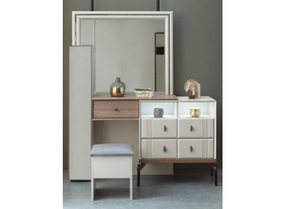Witte kaptafel van glas met spiegel, luxueuze poef, moderne meubels.