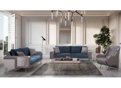 Bankstel 3+3+1 zits + salontafel Modern Textiel Compleet Blauw Nieuw