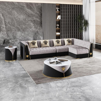 Grijze woonkamer sofa set hoekbank salontafel bijzettafel roestvrij staal