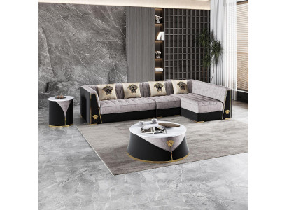 Grijze woonkamer sofa set hoekbank salontafel bijzettafel roestvrij staal