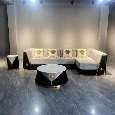 Grijze woonkamer sofa set hoekbank salontafel bijzettafel roestvrij staal
