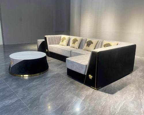 Grijze woonkamer sofa set hoekbank salontafel bijzettafel roestvrij staal