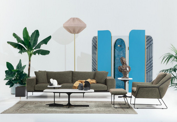 Moderne groene bankstel tweezits fauteuil stoffen meubels grijs luxe set