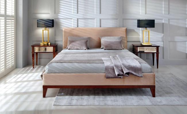 Modern bruin-beige slaapkamer Luxe bed Houten tweepersoonsbed Nieuw