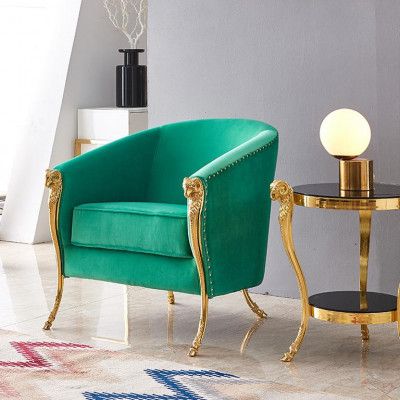 Groene luxe fauteuil gestoffeerd met gouden poten voor de woonkamer, eenpersoons, nieuw.