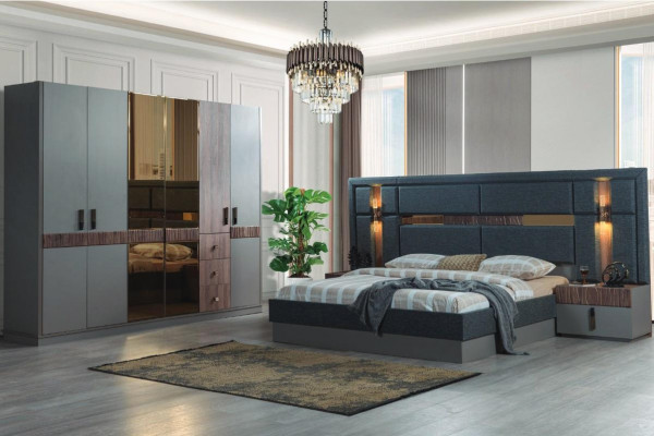Grijze slaapkamer compleet set Bed 2x Nachtkastjes Kledingkast