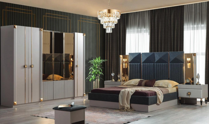 Luxe slaapkamer meubels Gestoffeerd tweepersoonsbed Houten nachtkastjes Kast