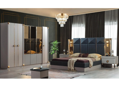 Luxe slaapkamer meubels Gestoffeerd tweepersoonsbed Houten nachtkastjes Kast