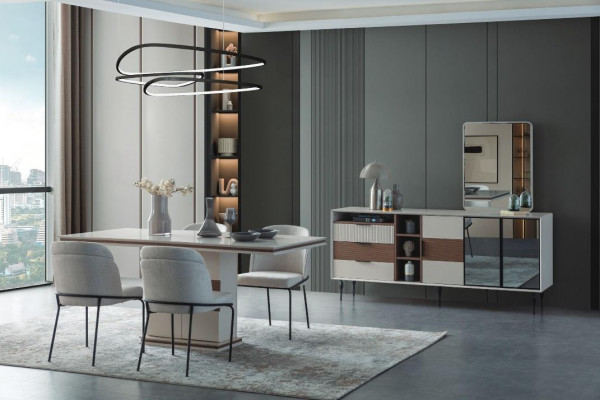 Witte eetkamerset Rechthoekige eettafel 4x stoelen dressoir Luxe spiegel