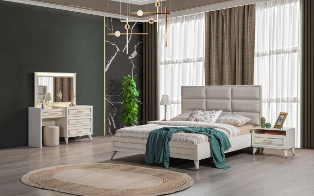 Grote slaapkamer set, tweepersoonsbed, kaptafel, krukje, spiegel, 6-delig.