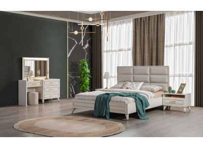 Grote slaapkamer set, tweepersoonsbed, kaptafel, krukje, spiegel, 6-delig.