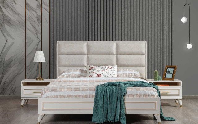 Witte slaapkamer set, gestoffeerd tweepersoonsbed, 2 houten nachtkastjes, 3-delig