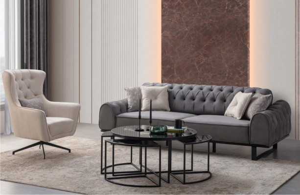 Grijze Chesterfield driezitsbank Luxe bekleding Witte fauteuil 2-delige set