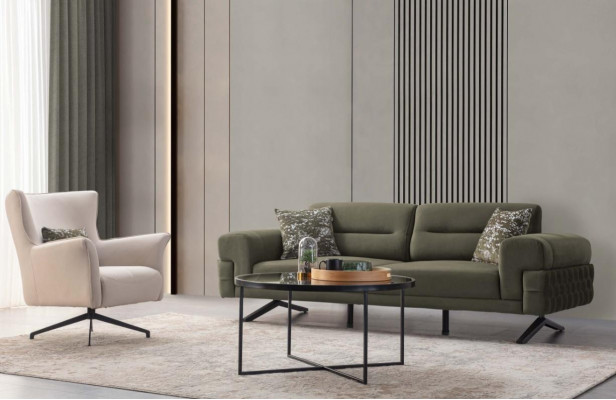 Groen-witte woonkamersetexclusieve driezits bekled-design.