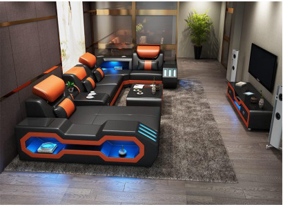 Woonlandschap U-vormige hoekbank + salontafel + dressoirontwerp