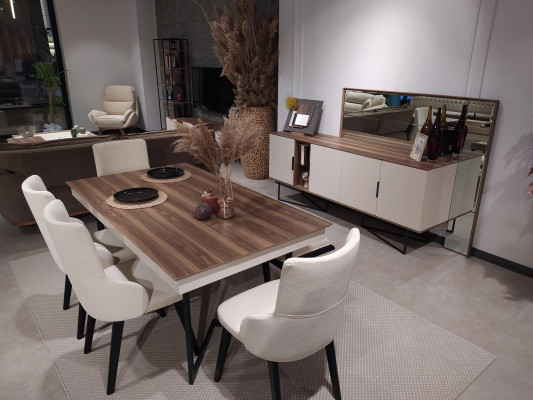 Garnituur Set Tafel 4x Stoelen Dressoir Spiegel Eetgroep 7-delig Eetkamer