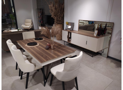 Garnituur Set Tafel 4x Stoelen Dressoir Spiegel Eetgroep 7-delig Eetkamer