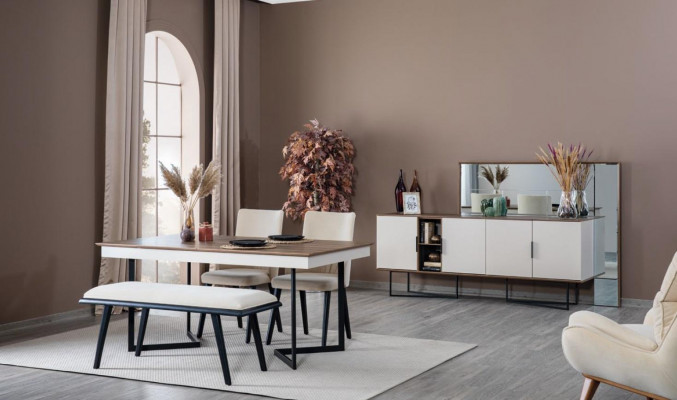 Garnituur Set Tafel 4x Stoelen Dressoir Spiegel Eetgroep 7-delig Eetkamer