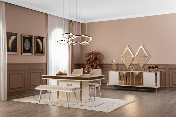 Eetkamertafel 4x stoelen bank set eetgroep modern 7-delig beige design.