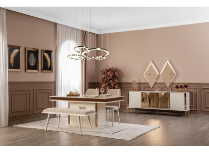 Eetkamertafel 4x stoelen bank set eetgroep modern 7-delig beige design.