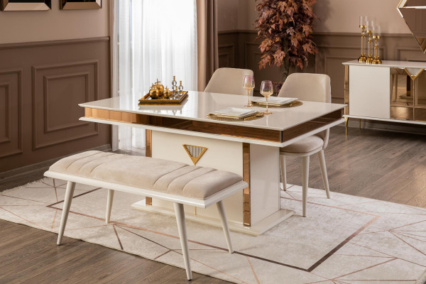 Eetkamertafel 4x stoelen bank set eetgroep modern 7-delig beige design.