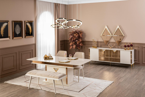 Tafel 4x stoelen groep eetkamer set 5-delig. Set meubels eetgroep beige