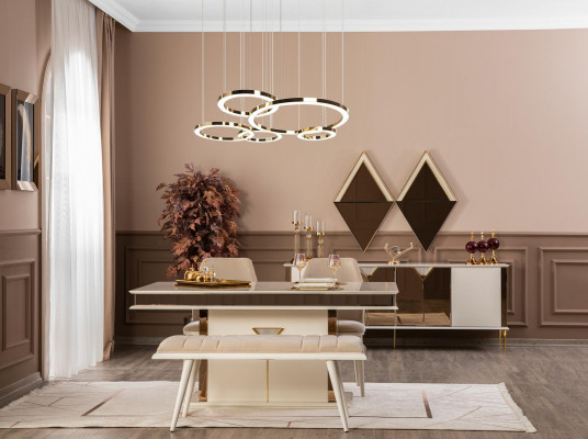 Tafel 4x stoelen groep eetkamer set 5-delig. Set meubels eetgroep beige