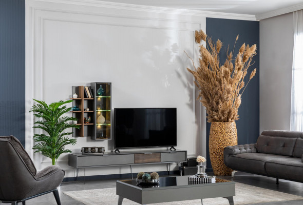 Grijze woonwand kast Woonwanden Meubels Hout rtv Televisie Ontwerp Kasten