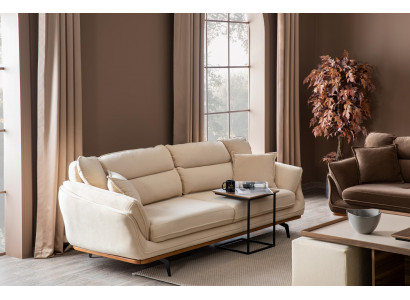Beige bank gestoffeerde bank meubels banken woonkamer driezits textiel stof