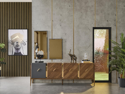 Dressoir 2x Spiegel Woonkamergroep Hout Design Set 3-delig nieuw bruin