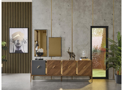 Dressoir 2x Spiegel Woonkamergroep Hout Design Set 3-delig nieuw bruin