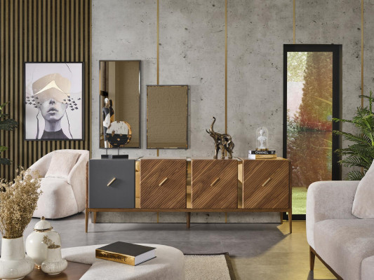 Dressoir 2x Spiegel Woonkamergroep Hout Design Set 3-delig nieuw bruin