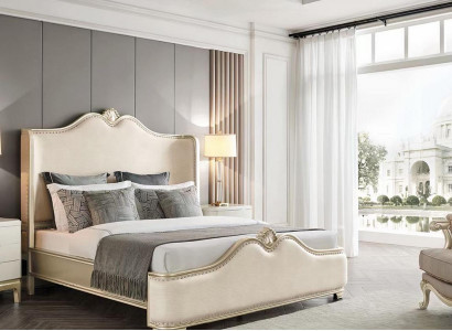 Bed 2x Nightstands 3 pcs. Bedroom Beige Designer Luxury Furniture Beds Wood