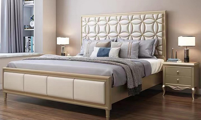 Bedden Twee persoonsbed Slaapkamer Kunstlederen bekleding Beige Tweepersoonsbedden Nieuw