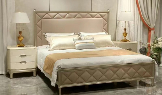 Slaapkamer Bed Bekleding Ontwerp Meubels Luxe Tweepersoons Beige Bedden Leer