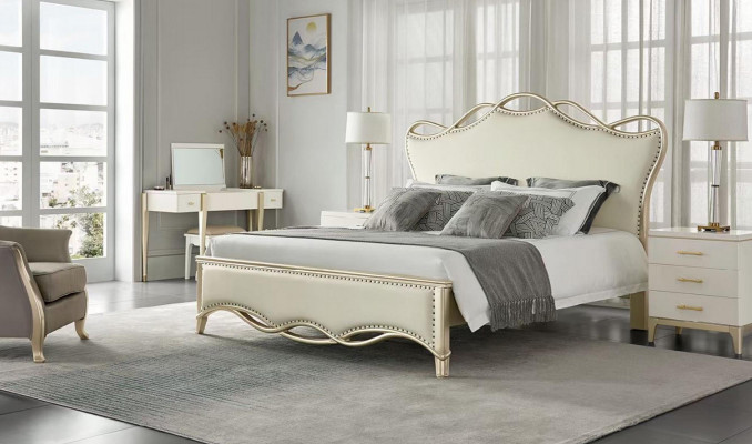 Ontwerpbed Slaapkamerbedden Textiel Luxe Bekleding Zitstof Beige Meubels Nieuw