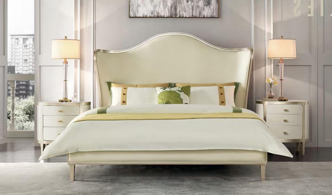Modern slaapkamer set met tweepersoonsbed en nachtkastjes.