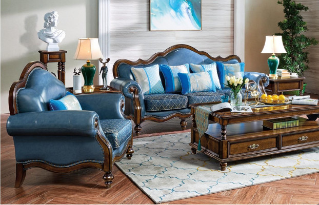 Blauwe barok rococo Chesterfield bankstelbank 3+1 zitplaatsenset
