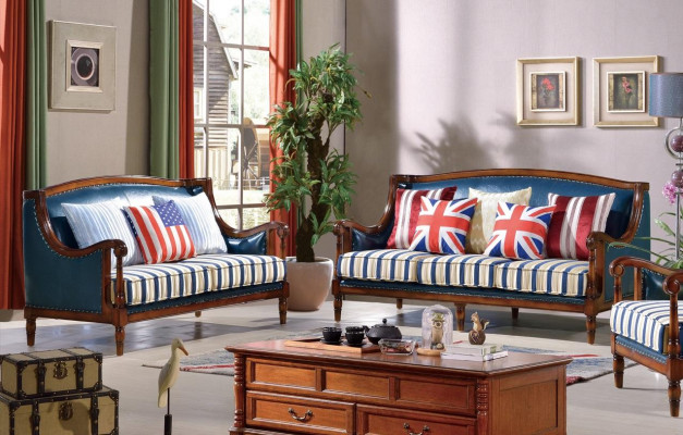 Blauw-bruine bankstel 3+2 zits leren bankstellen Luxe bankstellen Woonkamerset