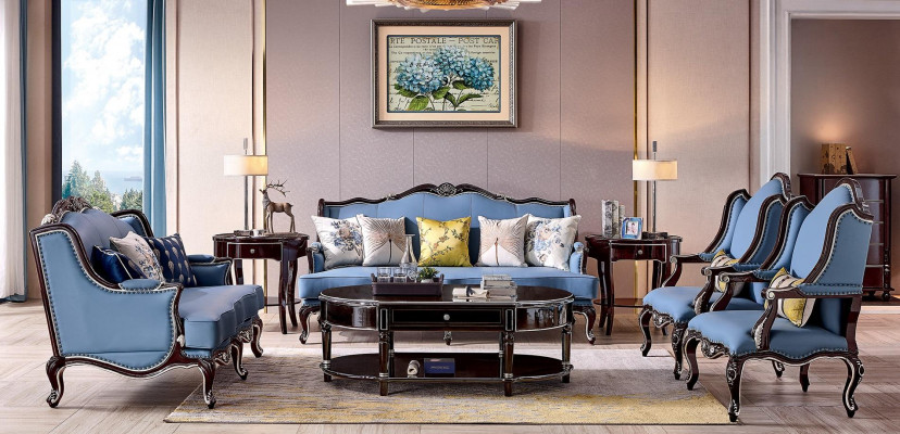 Luxe Klassieke Chesterfield gestoffeerde bankstel 3+2+1+1 zits Blauw Zwart.