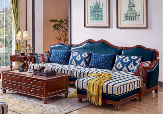Blauw leren bank hoekbank gestoffeerde meubelen Klassieke Chesterfield meubelen