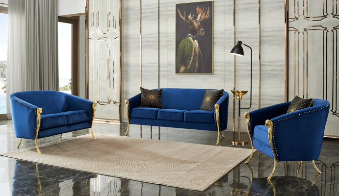 Luxe gestoffeerde fauteuil 3+2+1 zitplaatsen Blauwe Gouden Poten Zitkussen Nieuw
